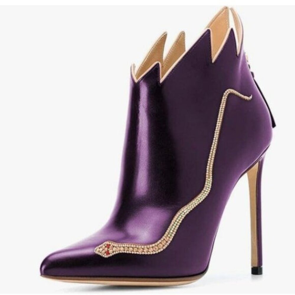 FSJ Purple Ankle Boots Pumps High Heel Color Rhinestones Pointed Toe Zipper Shoe